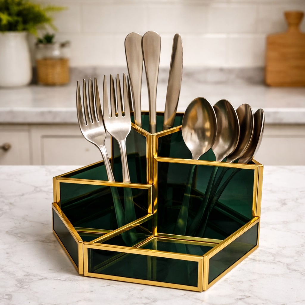 Verde Luxe Brass & Glass Cutlery Organizer
